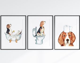 Set of 3 beagle dog toilet Painting Wall Poster Watercolor Art Decor Print Pet Drawing bathroom gig funny bath room tub bathtub washroom