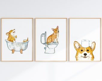 Ensemble de 3 corgi chien toilette peinture affiche murale aquarelle Art déco impression animal dessin salle de bain concert drôle salle de bain baignoire baignoire toilettes