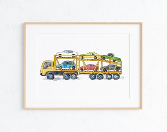 Voiture transporteur remorque camion impression Kids chambre décoration murale peinture aquarelle Art Illustration garçon fille voiture véhicule Nursery transporteur transport