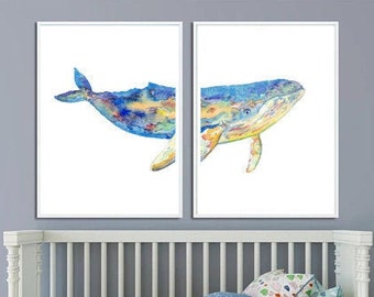 Set of 2 whale watercolor painting print art, animal, illustration life nautical, ocean green wall poster decor modern sea coastal nautical