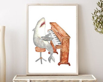 Shark piano watercolor painting print art, animal illustration whale Sea life nautical ocean wall poster decor modern whale player music