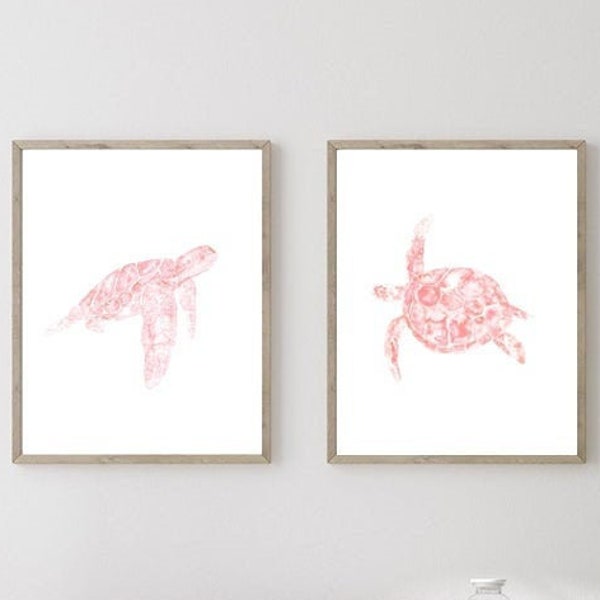 Set of 2 sea turtle watercolor painting print art, animal, illustration life nautical, ocean soft pink beige sand wall poster decor modern