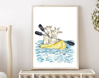 Cabras kayak pintura acuarela Arte pared Arco iris acuarela Punk Ilustración Impresión Guardería canoa piragüismo kayak barco natación granja