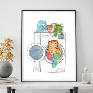 Cat Doing Laundry Painting Wall Poster Watercolor Art Decor Print Pet ...