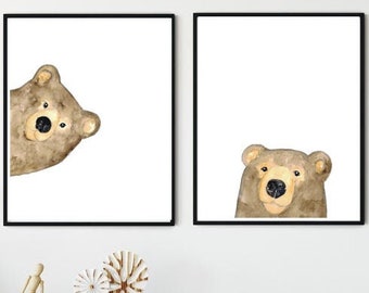 Set of 2 bear peeking Painting Wall Poster Watercolor Art decor Print Pet Drawing portrait gig funny room nursery baby gig