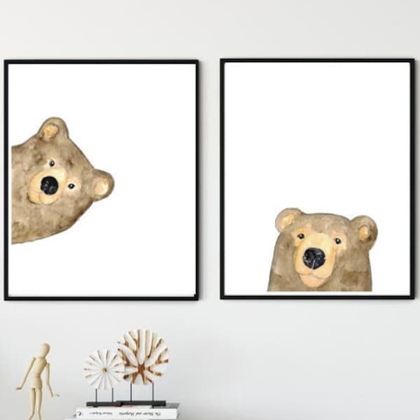 Ensemble de 2 ours jetant un coup d’œil Peinture Mur Affiche Aquarelle Art décor Imprimer Pet Dessin portrait gig drôle chambre crèche bébé gig