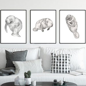 Set of 3 umber manatee watercolor painting print art whale fish animal illustration sea life mammal nautical ocean wall poster decor modern