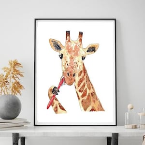 Jirafa cepillado dientes baño acuarela pintura imprimir arte baño baño baño baño cepillo de dientes bebé zoológico safari animal pared cartel decoración moderna