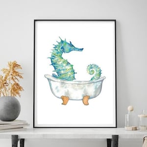 Seahorse taking bath watercolor painting print art bathroom room washroom shower tub bathtub Sea nautical ocean wall poster decor modern