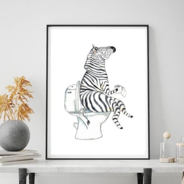 Zebra toilette Peinture Mur Affiche Aquarelle Art Décor Imprimer Pet Dessin salle de bain gig drôle baignoire baignoire baignoire cadeau de salle de bain pour elle