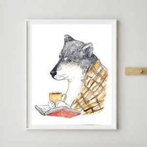 Wolf reading book watercolor painting print art wall poster decor modern reader library stalk graduation gig bear smart student animal
