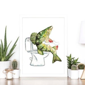 Fish in the bathroom painting watercolour ocean washroom Wall Art toilet bowl room watercolor potty Illustration Print Nursery lake river