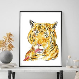 Tiger Zähne Putzen Bad Aquarell Malerei Druck Kunst Badezimmer Zimmer Waschtisch Zahnbürste Baby Zoo Safari Tier Wand Poster Dekor modern