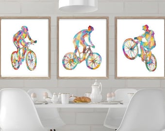 Ensemble de 3 vélo de montagne art imprimer aquarelle peinture cadeau classes de dessin silhouette femme motard cycliste