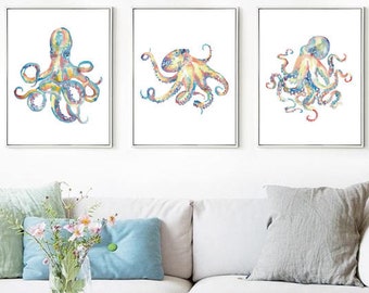 Set of 3 octopus watercolor painting print art whale fish animal illustration sea life mammal nautical ocean wall poster decor modern