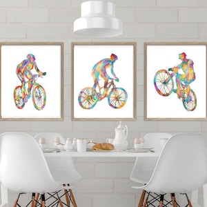 Set of 3 mountain biking art print watercolor painting gift drawing classes silhouette woman girl biker bicycle cycling cyclist bicyclist