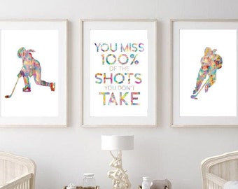 Set of 3 hockey girls art print watercolor painting gift drawing classes silhouette woman goalie game player ice skating skater female woman