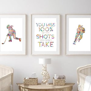 Set of 3 hockey girls art print watercolor painting gift drawing classes silhouette woman goalie game player ice skating skater female woman
