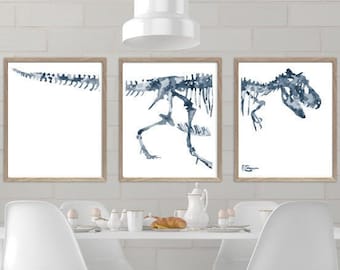 Set van 3 marine dinosaurussen schilderij aquarel dino trex T-rex Wall Art aquarel Illustratie Print Nursery Bones Skeleton Trex Skull