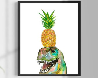 T-rex pineapple dinosaur painting watercolour dino trex green Wall Art Rainbow watercolor Steam Punk Illustration Print Nursery Colorful