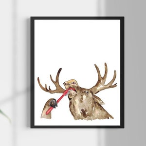 Moose brushing teeth bath watercolor painting print art bathroom room washroom tooth brush baby forest animal wild wall poster decor modern