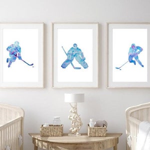 Set of 3 hockey art print watercolor painting gift drawing studio classes silhouette woman boy girl goalie game player ice skating skater