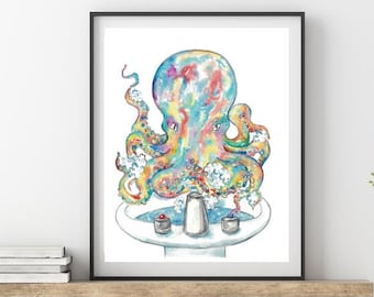 Pulpo lavarse las manos baño acuarela pintura imprimir arte cuarto de baño cuarto de baño cepillo de dientes bebé océano pared cartel decoración moderno náutica