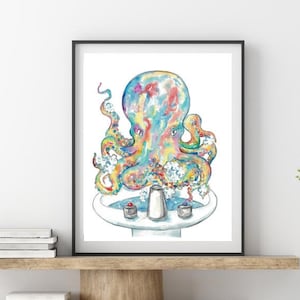 Octopus washing hands bath watercolor painting print art bathroom room washroom tooth brush baby ocean wall poster decor modern nautical