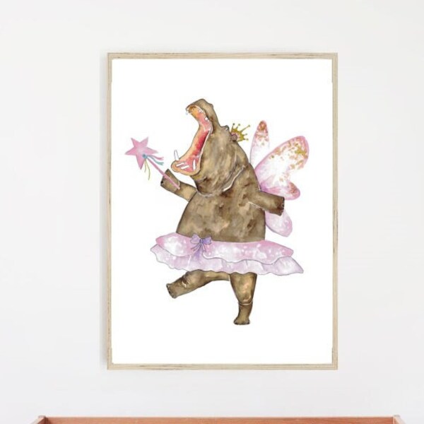 Hippo princess fairy fantasy painting watercolour purple pink Wall Art Rainbow watercolor Steam Punk Illustration Print Nursery hippopotamus