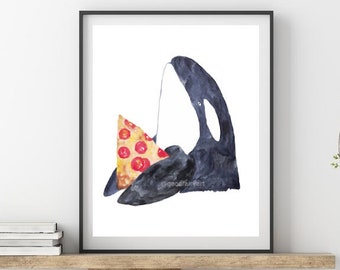 May include: A watercolor painting of a black and white orca holding a slice of pizza with red pepperoni. The orca is facing the right side of the image. The background is white.