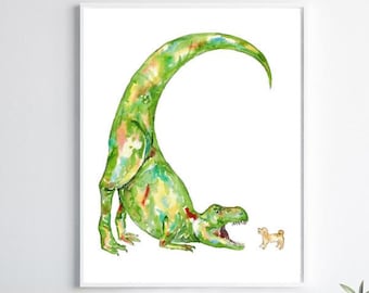 T-rex dinosaur playing with dog painting watercolour dino trex Wall Art Rainbow watercolor Steam Punk Illustration Print Nursery Colorful