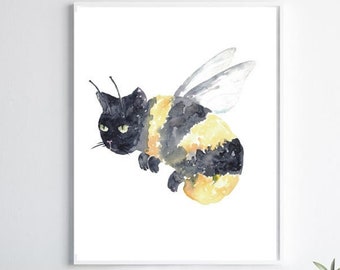 Cat bee Painting Wall Poster Watercolor Art bumblebee Wings Decor Print Pet Drawing portrait gig funny room nursery black queen bee tabby