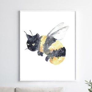 Chat bee Painting Wall Poster Aquarelle Art bumblebee Wings Decor Print Pet Drawing portrait gig funny room nursery black queen bee tabby