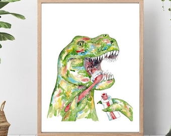 T-rex brushing teeth dinosaur painting watercolour dino trex bathroom Wall Art room watercolor shower dinosaur Illustration Print Nursery