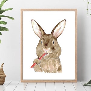 Rabbit brushing teeth bath watercolor painting print art bathroom room washroom tooth brush baby forest animal wild wall poster decor modern