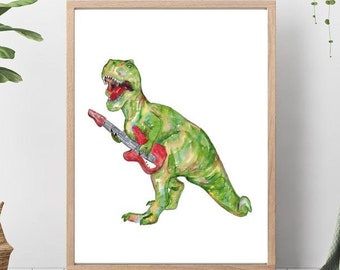 T-rex dinosaur playing guitar painting watercolour dino trex Wall Art Rainbow watercolor Steam Punk Illustration Print Nursery Colorful