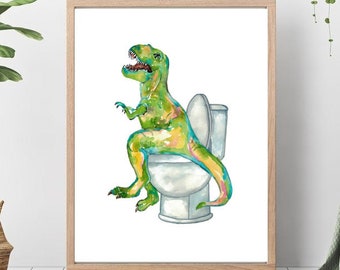 T-rex in the bathroom dinosaur painting watercolour dino trex washroom Wall Art toilet bowl room watercolor potty Illustration Print Nursery