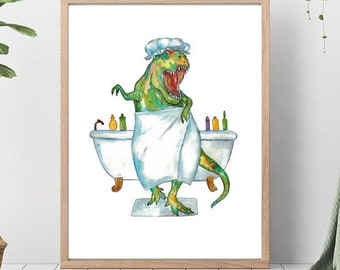T-rex taking bath dinosaur painting watercolour dino trex bathroom green Wall Art room watercolor shower dinosaur Illustration Print Nursery