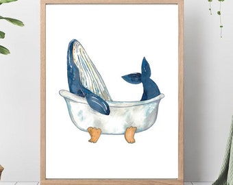 Humpback whale taking bath watercolor painting print art bathroom room washroom Sea life nautical ocean wall poster decor modern