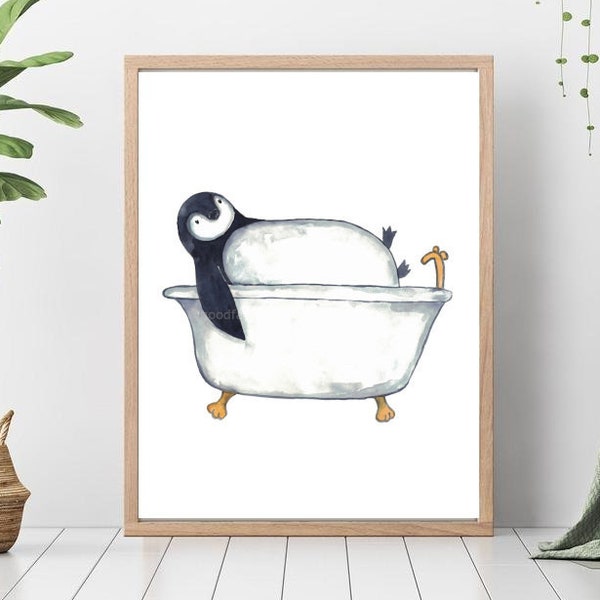 Penguin taking bath watercolor painting print art bathroom room washroom Sea life nautical ocean wall poster decor modern tub shower