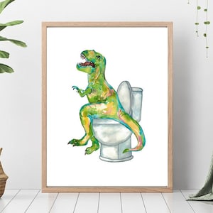 T-rex i badrummet dinosauriemålning akvarell dinosaurie trex toalettrum väggkonst toalettstol rum akvarell potta illustration tryck barnrum