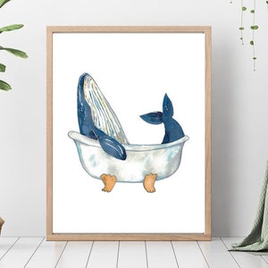 Humpback whale taking bath watercolor painting print art bathroom room washroom Sea life nautical ocean wall poster decor modern image 1