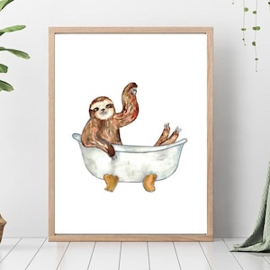 Sloth taking bath watercolor painting print art bathroom room washroom wall poster decor modern baby african safari wild animal bathtub