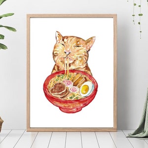 Cat Eating Noodles Painting Kitchen Wall Poster Watercolor Art Restaurant Decor Print Custom Pet Drawing Chinese portrait gig funny nursery