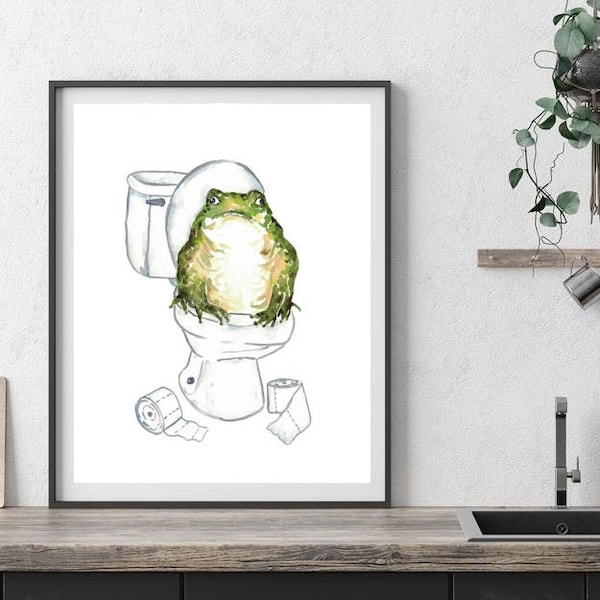 Frog toilet Painting Wall Poster Watercolor Art Decor Print Pet Drawing bathroom gig funny bath room tub bathtub washroom gift baby