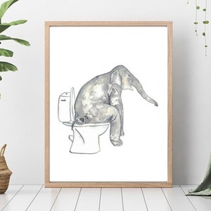 Elephant toilet Painting Wall Poster Watercolor Art Decor Print Pet Drawing bathroom gig funny bath room tub bathtub washroom gift for her