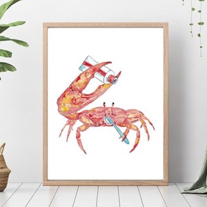 Crab brushing teeth bath watercolor painting print art bathroom room washroom tooth brush Sea life nautical ocean wall poster decor modern