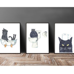 Ensemble de 3 toilettes noires de chat peinture mur affiche aquarelle Art Décor Print Pet Drawing salle de bains gig drôle baignoire baignoire
