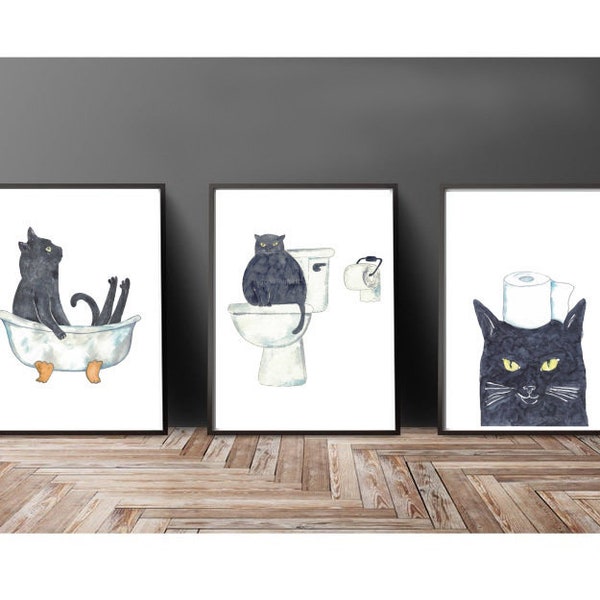 Set of 3 black cat toilet Painting Wall Poster Watercolor Art Decor Print Pet Drawing bathroom gig funny bath room tub bathtub washroom