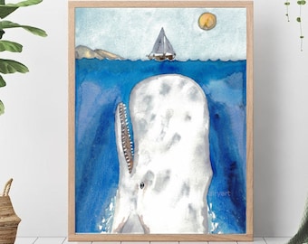 De aquarel die van de walvis en van de vissersboot het schilderen het schilderen van de kunstvissen dierlijke illustratie zeeleven zeemuurposterdededededea.